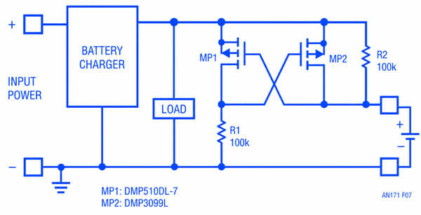 PMOS transistor reverse battery protection circuit for charger systems.